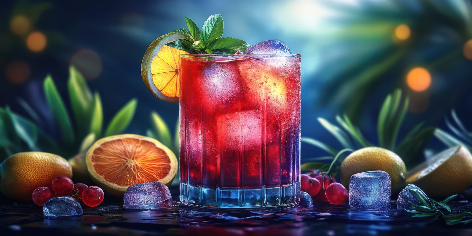 Refreshing cocktail served in a glass surrounded by fresh fruits in a vibrant setting with soft lighting